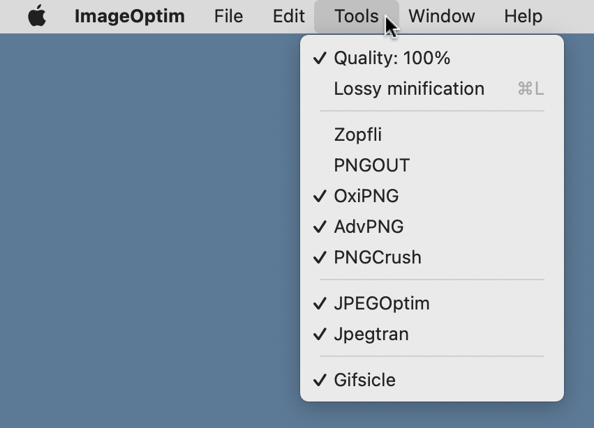 OxiPNG в меню инструментов ImageOptim